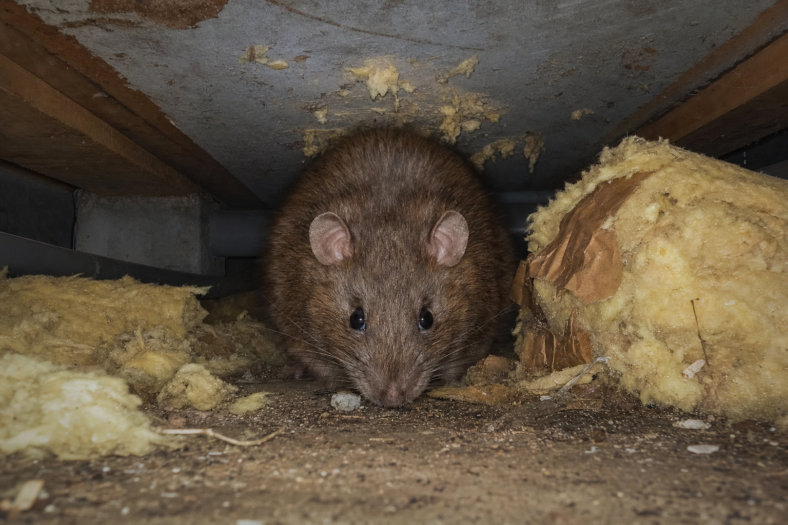 Aangevreten isolatie en nestmateriaal van knaagdieren in een kruipkelder