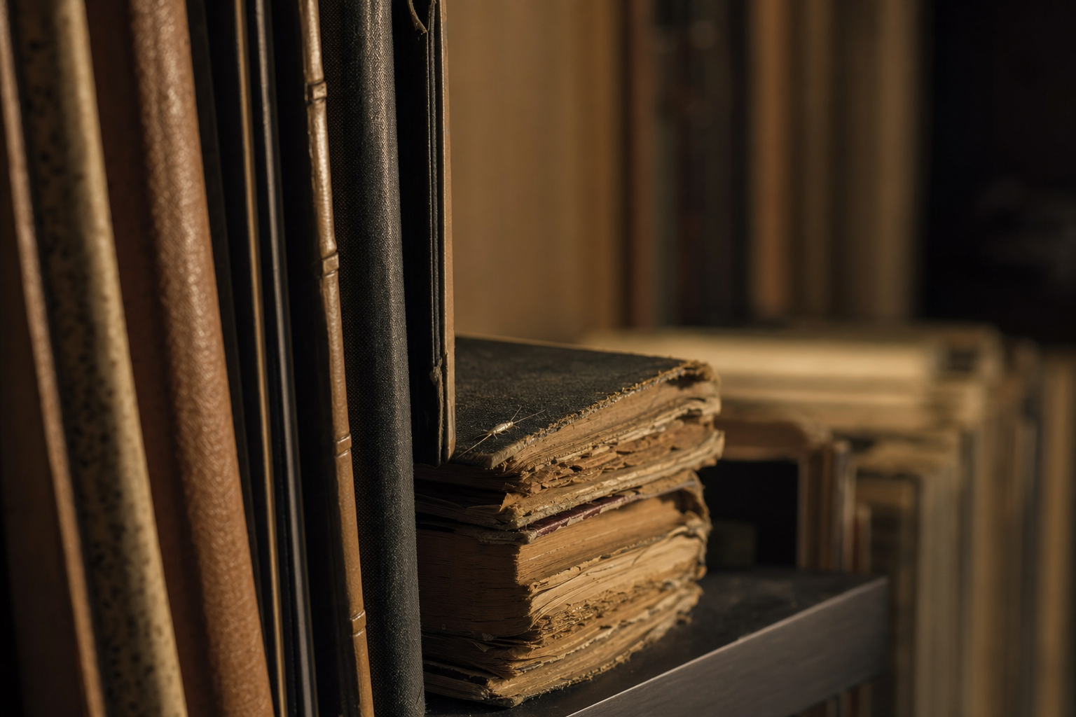 Papiervisje op oude boeken met aangevreten bladranden in een boekenkast