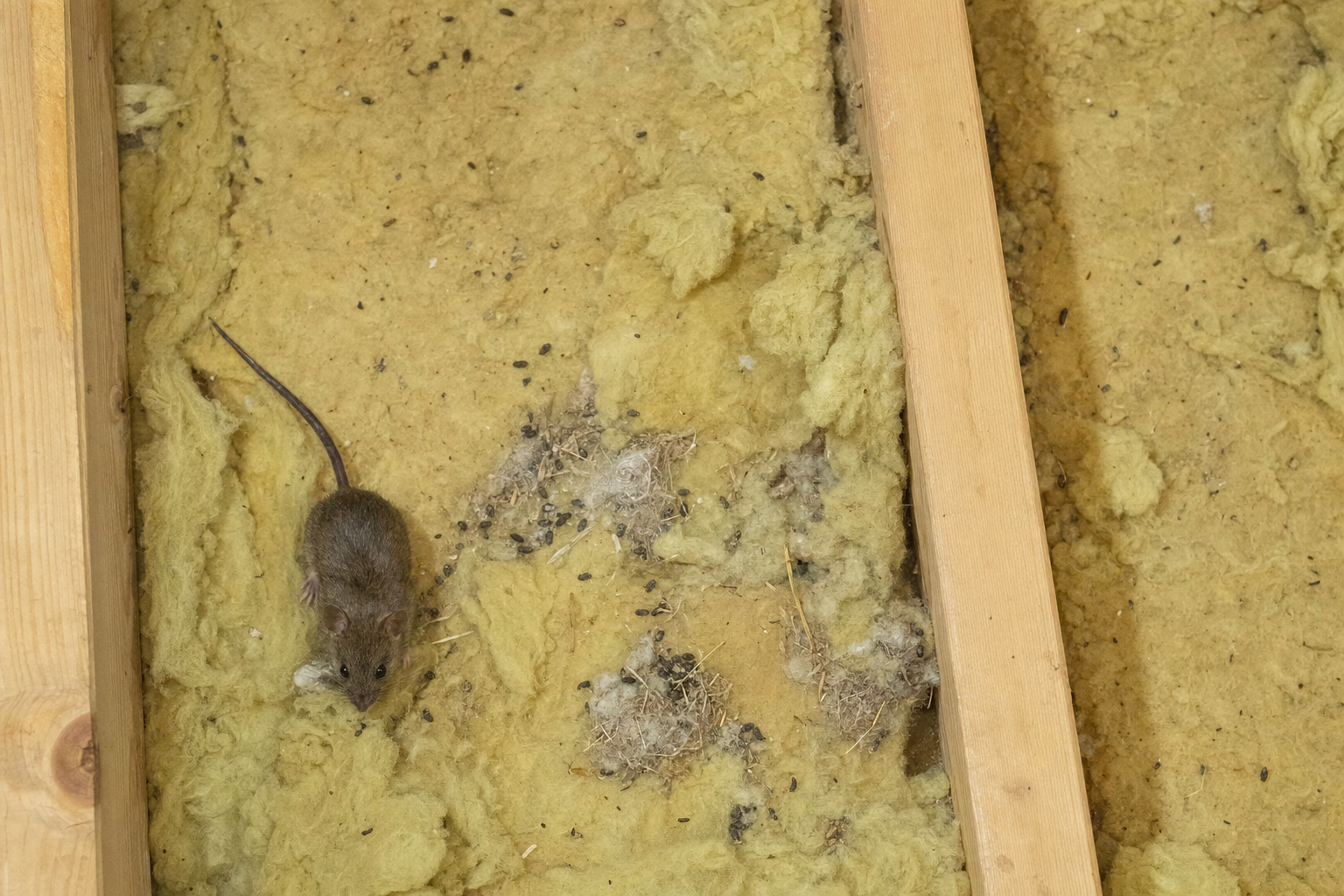 Knaagdieruitwerpselen en nestmateriaal in zolderisolatie na een langdurige plaag