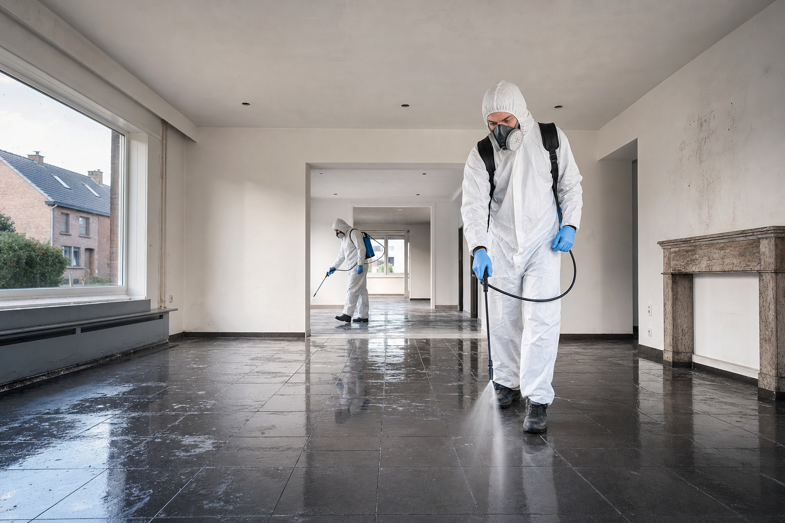 Desinfectie van oppervlakken en naden na het verwijderen van vervuild materiaal